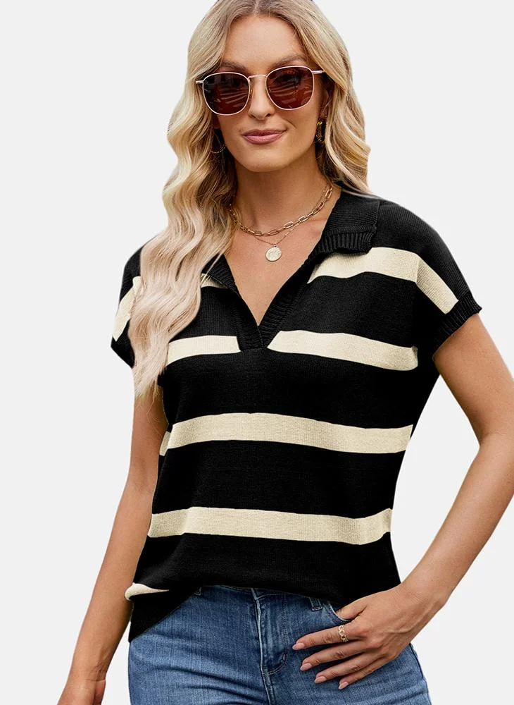 يونيكي Black Collared Striped Top