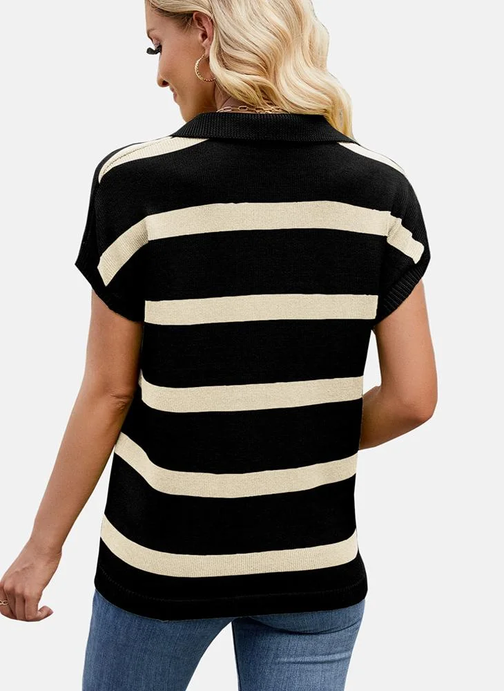 YUNIQEE Black Collared Striped Top