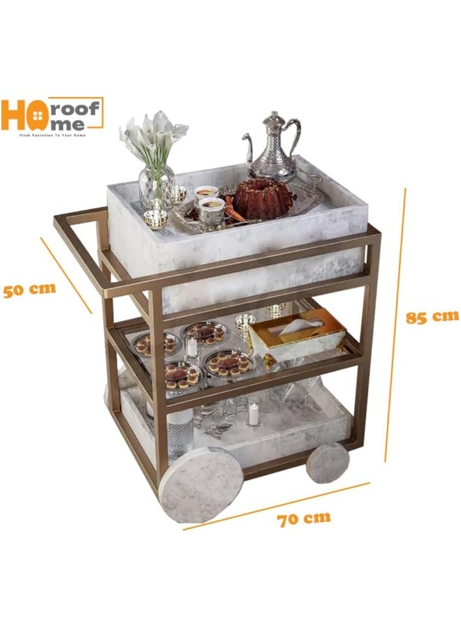 Horoof Market Luxury Marble Serving Trolley with Metal Frame – 3-Tier Bar Cart for Drinks, Decor & Storage  - Image 2