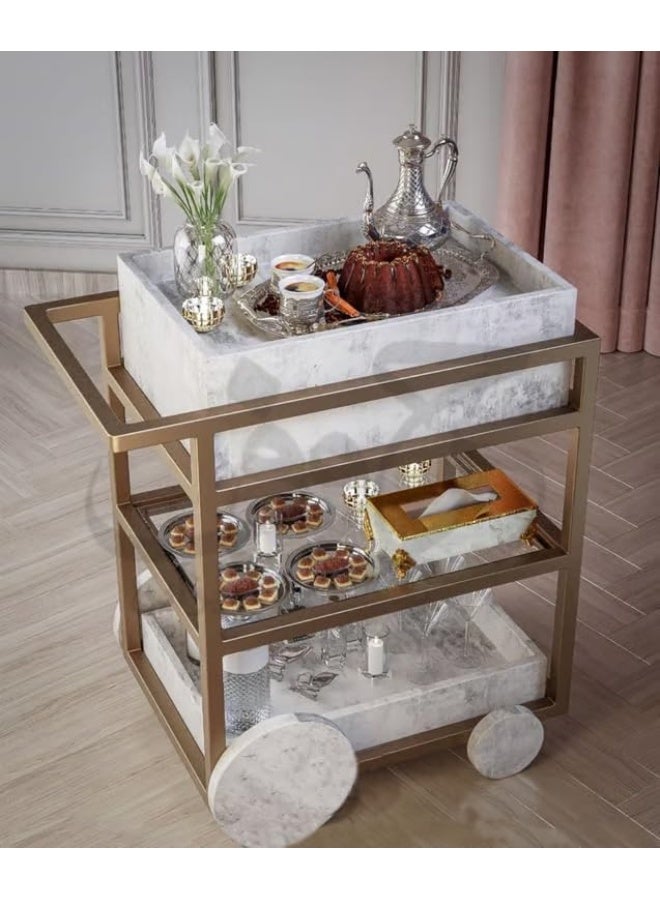 Horoof Market Luxury Marble Serving Trolley with Metal Frame – 3-Tier Bar Cart for Drinks, Decor & Storage  - Image 1