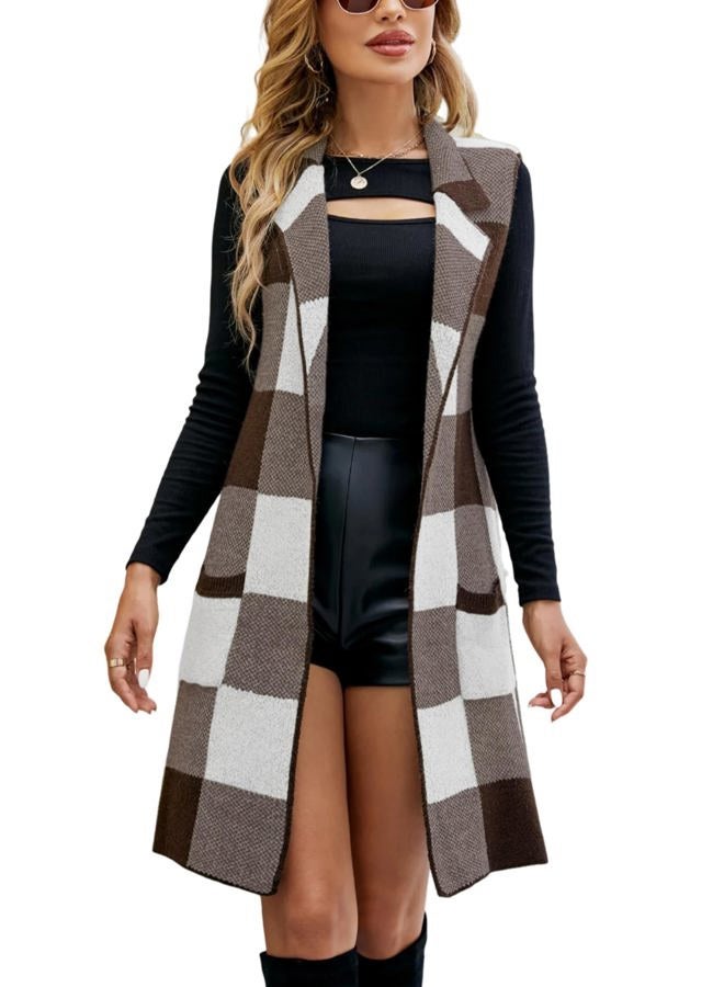 UANEO Womens Sleeveless Cardigans Long Plaid Sweater Vest Knitted Open Front Jackets with Pockets, Coffee, L - Image 1
