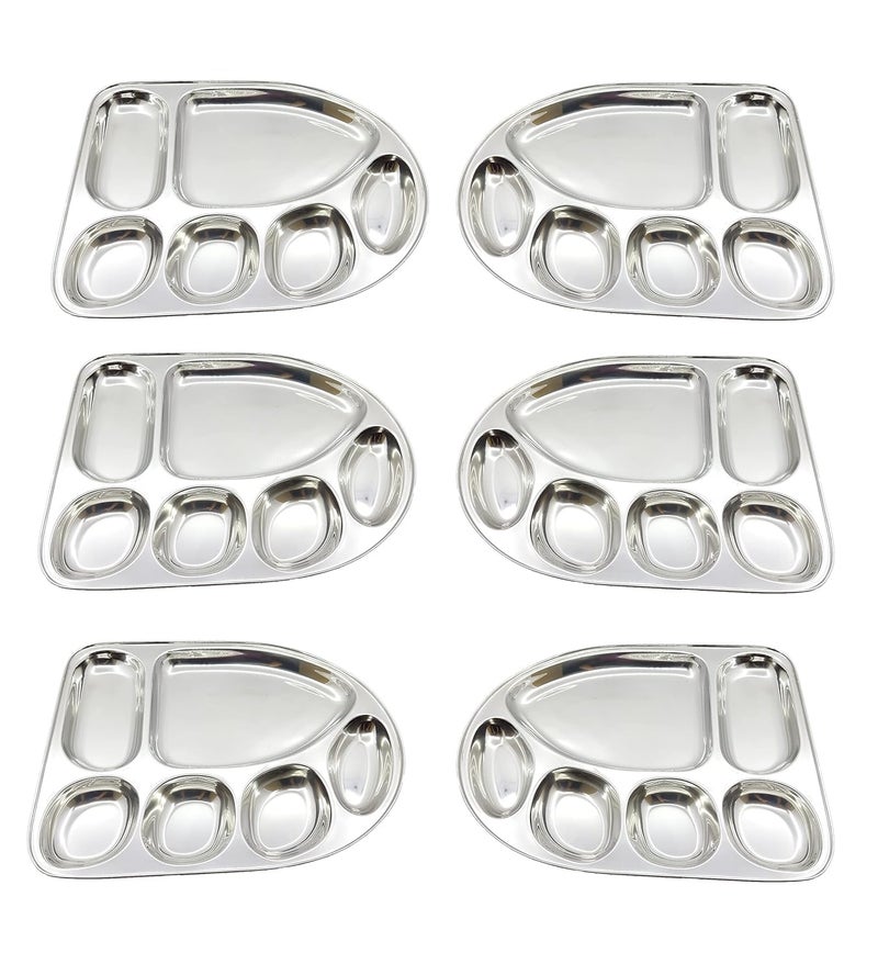 Devera Stainless Steel Banana Leaf Shaped Snack Plates 5 In1 Extra Deep Compartment Plate Thali Divided Bhojan Partition Tray Dinner Lunch in Compartments Silver Set of 6 - Image 1