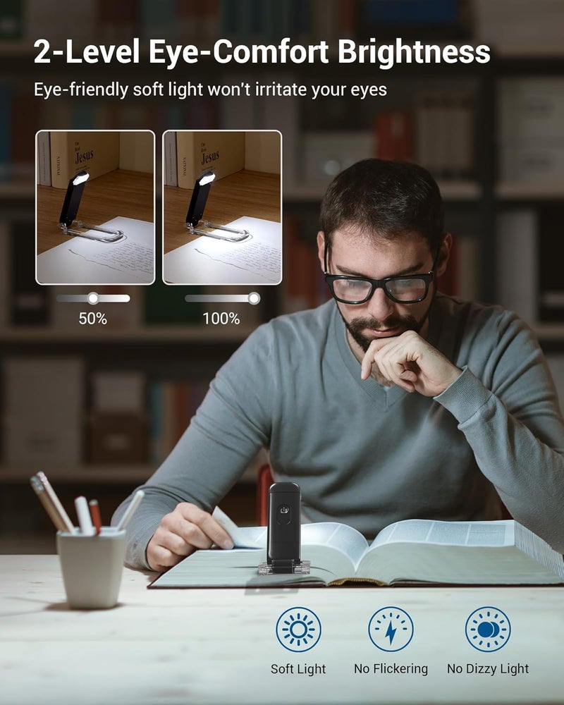 DEWENWILS Book Reading Light with Cilp, LED Clip on Book Light for Reading in Bed, USB Rechargeable Eye Care Book Lamp for Kids, Bookworms,2 Brightness Levels (Black) - Image 2