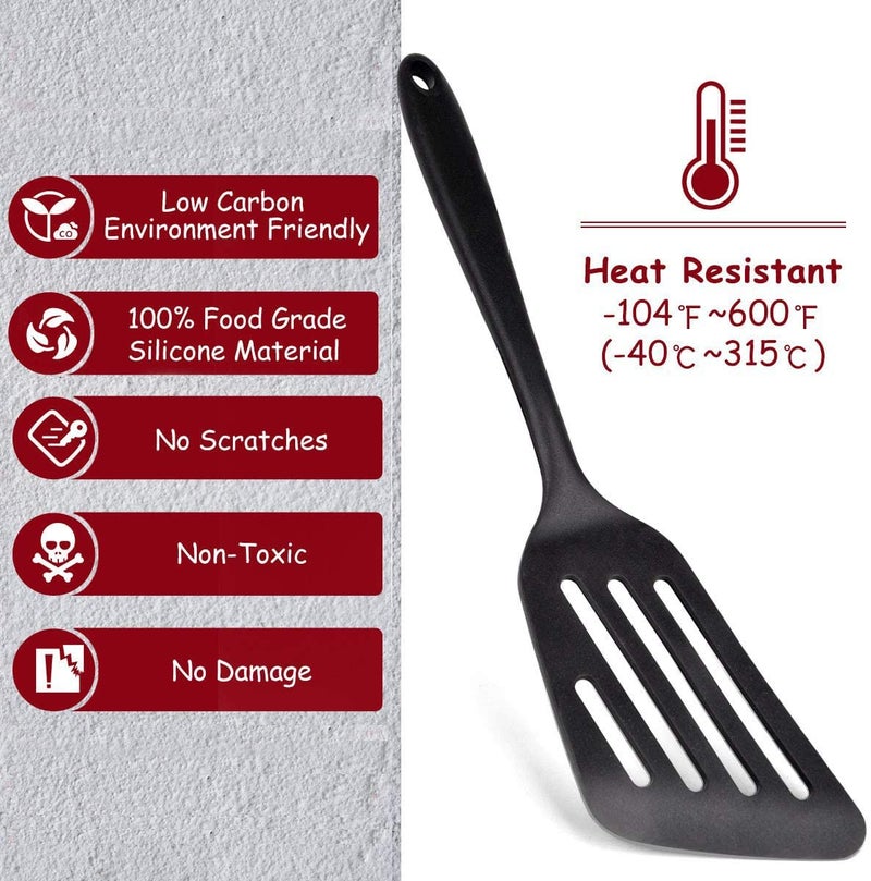 P Plus Fire Silicone Slotted Fish Turner Spatula Set Flipper Spatulas Non Stick Cookware Strong Dishwasher Safe Silicone Slotted Spatula 34CMSet of 2 Black - Image 5