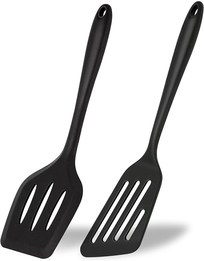 P Plus Fire Silicone Slotted Fish Turner Spatula Set Flipper Spatulas Non Stick Cookware Strong Dishwasher Safe Silicone Slotted Spatula 34CMSet of 2 Black - Image 1
