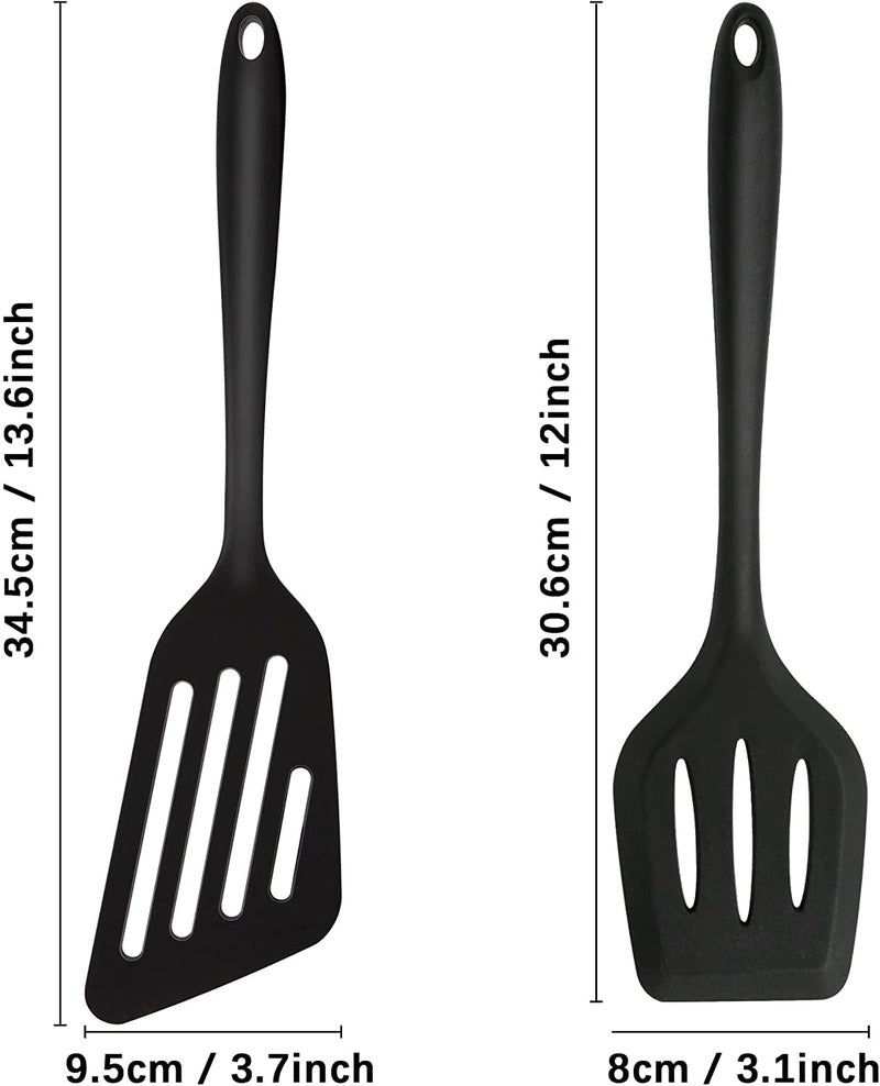 P Plus Fire Silicone Slotted Fish Turner Spatula Set Flipper Spatulas Non Stick Cookware Strong Dishwasher Safe Silicone Slotted Spatula 34CMSet of 2 Black - Image 2