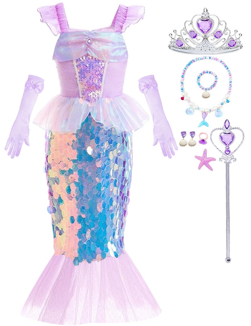 Luzlen Little Girls Mermaid Princess Costume Sequins Party Dress for Toddler Kids Baby Halloween Dress Up with Accessories Purple 78 YearsTag 150 - Image 4