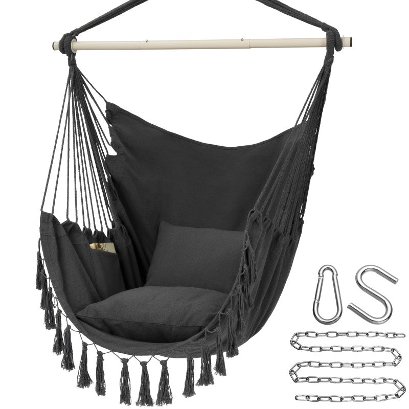 Y- STOP Hammock Chair Hanging Rope Swing, Max 500 Lbs, 2 Cushions Included, Large Macrame Hanging Chair with Pocket, Cotton Weave for Superior Comfort, Durability (Dark Grey) - Image 1
