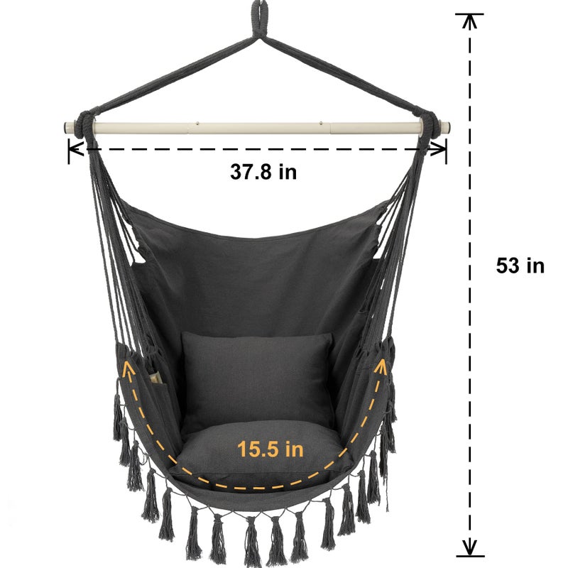 Y- STOP Hammock Chair Hanging Rope Swing, Max 500 Lbs, 2 Cushions Included, Large Macrame Hanging Chair with Pocket, Cotton Weave for Superior Comfort, Durability (Dark Grey) - Image 4