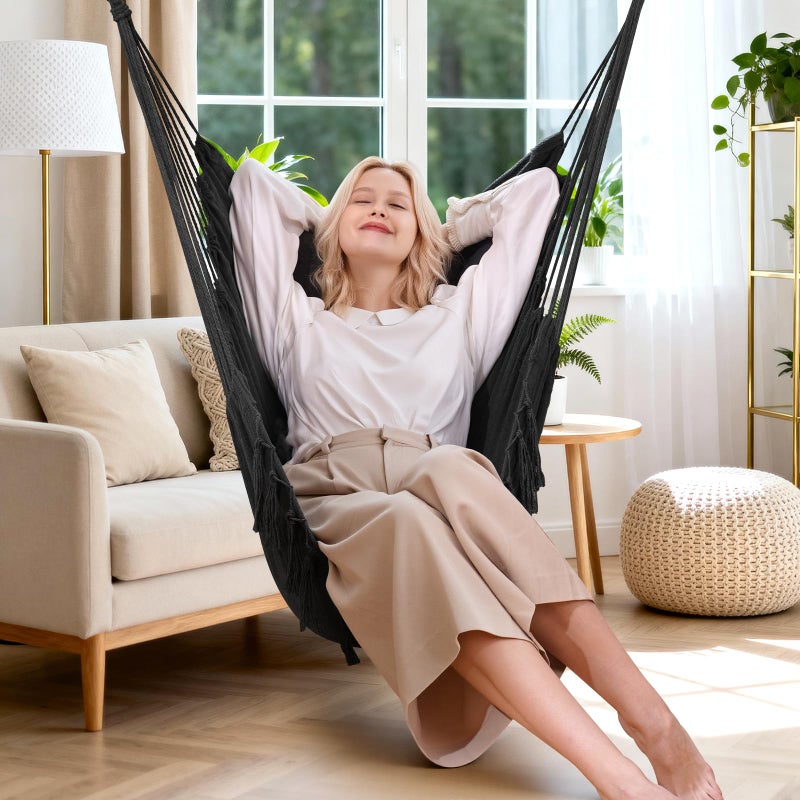 Y- STOP Hammock Chair Hanging Rope Swing, Max 500 Lbs, 2 Cushions Included, Large Macrame Hanging Chair with Pocket, Cotton Weave for Superior Comfort, Durability (Dark Grey) - Image 2