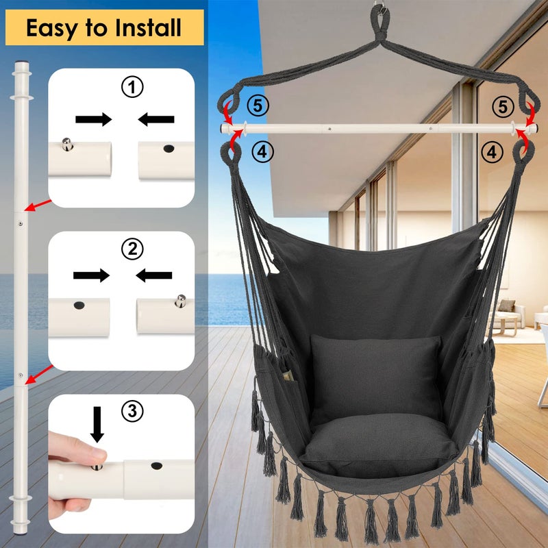 Y- STOP Hammock Chair Hanging Rope Swing, Max 500 Lbs, 2 Cushions Included, Large Macrame Hanging Chair with Pocket, Cotton Weave for Superior Comfort, Durability (Dark Grey) - Image 5