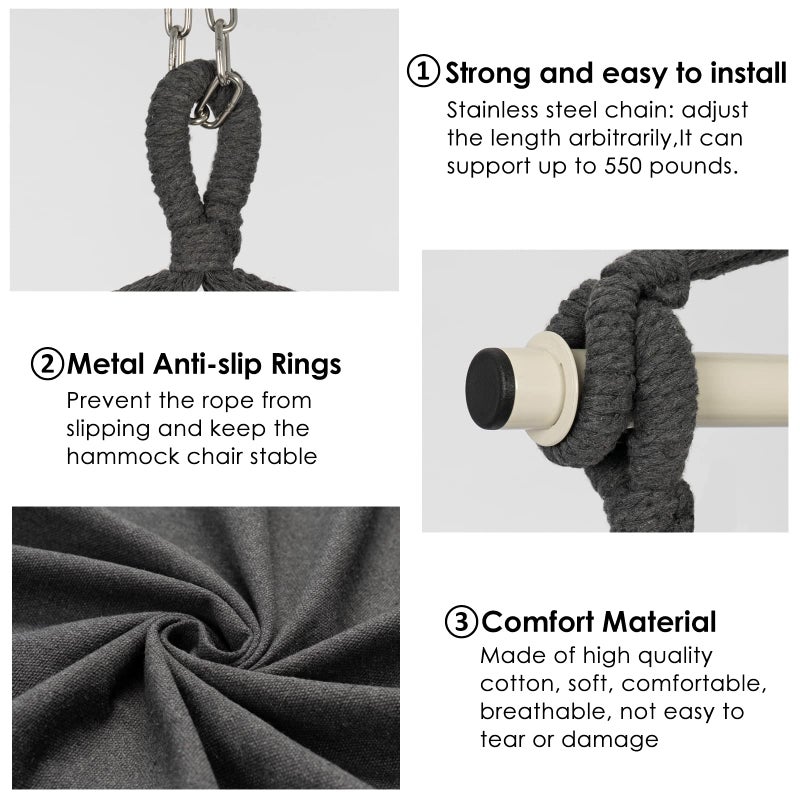 Y- STOP Hammock Chair Hanging Rope Swing, Max 500 Lbs, 2 Cushions Included, Large Macrame Hanging Chair with Pocket, Cotton Weave for Superior Comfort, Durability (Dark Grey) - Image 3