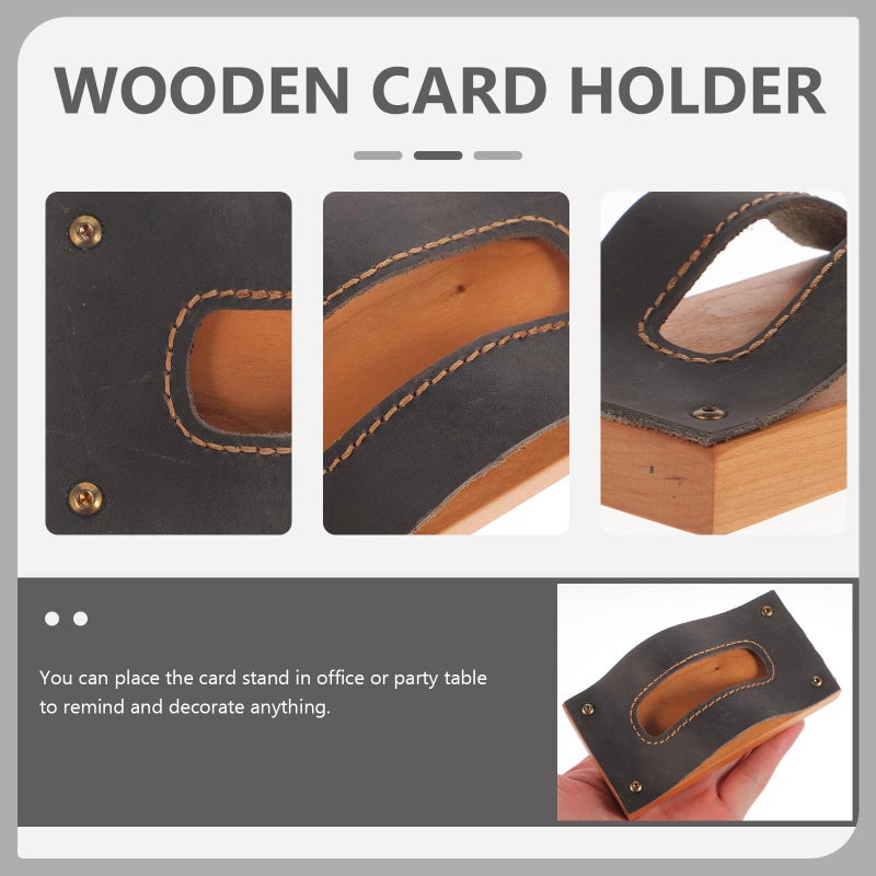 Business Card Holder Black Leather With Cherry Wood Base Desk Organizer Office Display Stand - Image 5