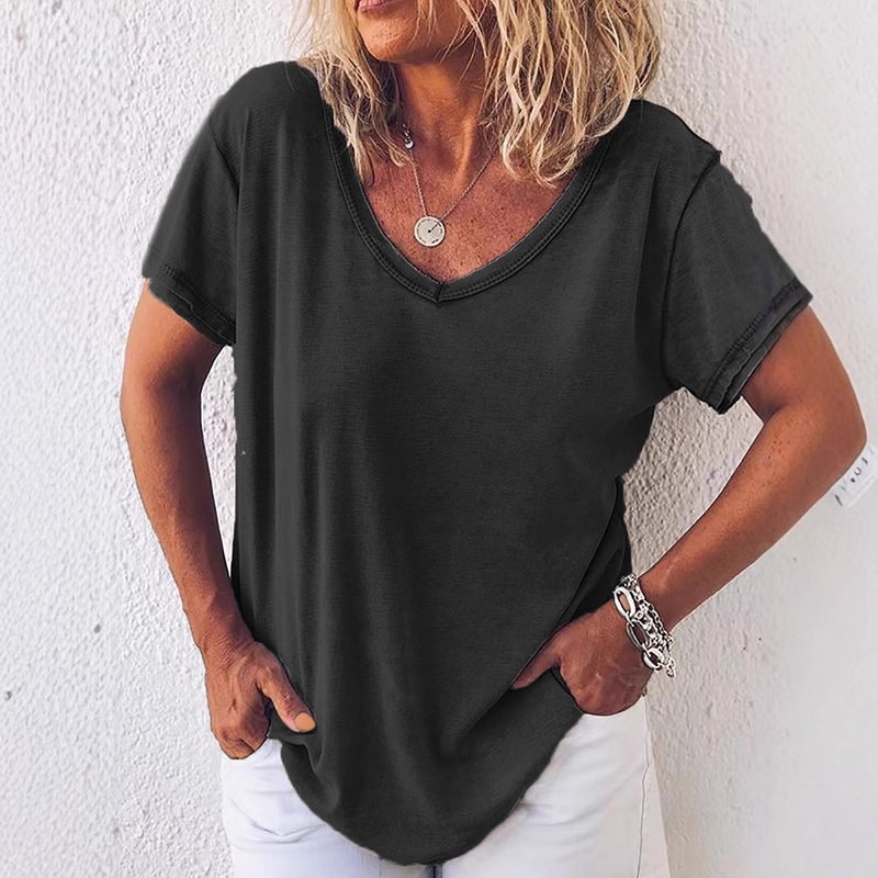 independent station to map the production of solid color V-neck short sleeve casual T-shirt women's spot - Image 5