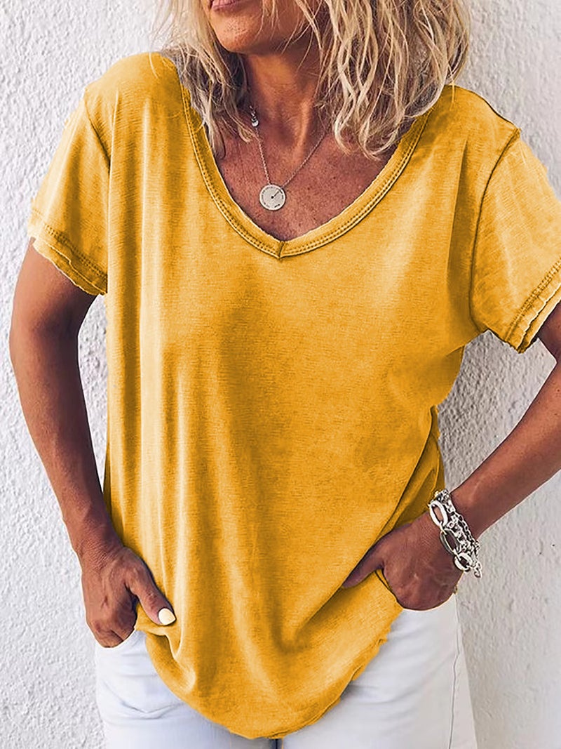 independent station to map the production of solid color V-neck short sleeve casual T-shirt women's spot - Image 1