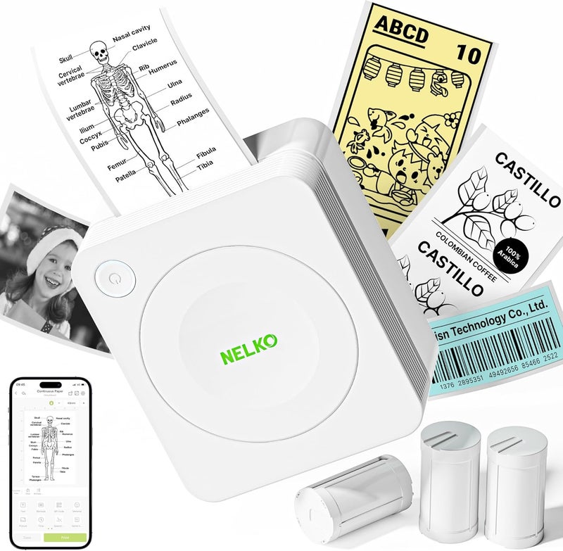 Nelko Mini Printer PM230, Smart AI APP Supported Thermal Printer, Bluetooth Label Printer with 3 Rolls of Labels, Photo Printer for Smartphone, DIY Creation, Study Notes, Stickers (White) - Image 1