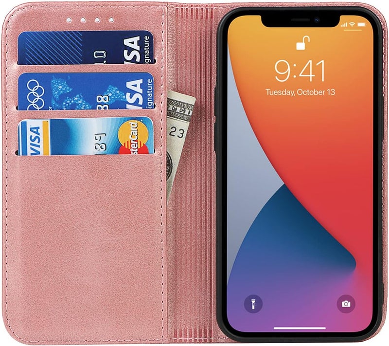 iCoverCase for iPhone 13 Wallet Case with Card Holder, PU Leather Magnetic Kickstand Feature Shockproof Protective Flip Cover Case - Rose Gold - Image 2