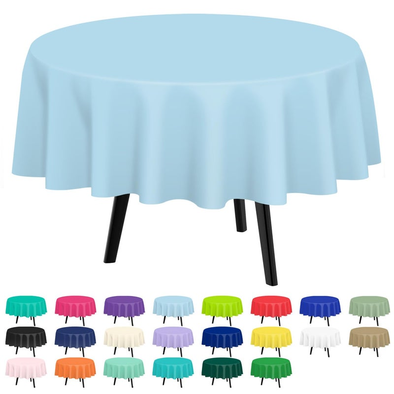 QIKSION Light Blue Round Tablecloth 2 Pack, 84 Inch Plastic Table Cover Disposable for Parties - Image 1