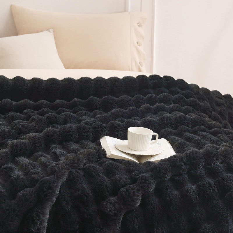 COOVA Faux Rabbit Fur & Flannel Throw Blanket 60x80 Inch - Luxury Fuzzy & Cozy Soft Twin Size Blanket for All Seasons  Breathable and Comfortable for Bed  Couch  and Camping Black - Image 3