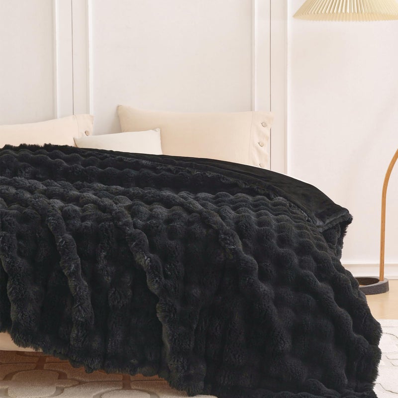COOVA Faux Rabbit Fur & Flannel Throw Blanket 60x80 Inch - Luxury Fuzzy & Cozy Soft Twin Size Blanket for All Seasons  Breathable and Comfortable for Bed  Couch  and Camping Black - Image 4