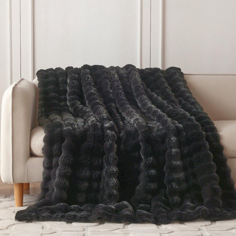 COOVA Faux Rabbit Fur & Flannel Throw Blanket 60x80 Inch - Luxury Fuzzy & Cozy Soft Twin Size Blanket for All Seasons  Breathable and Comfortable for Bed  Couch  and Camping Black - Image 2