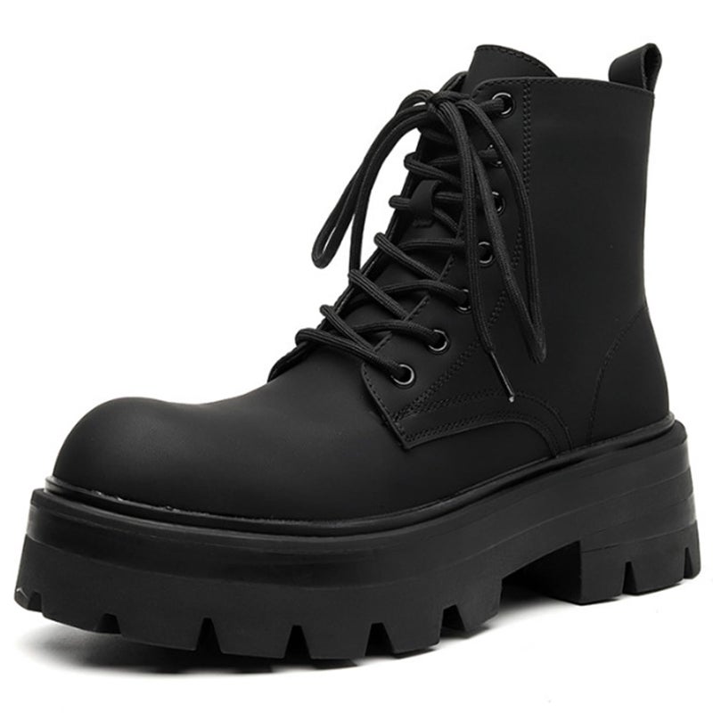 CrazySavage Men's Black Leather Lace-up Platform Combat Boots Wide Toe Side Zipper Chunky Heel Lug Sole Ankle Booties Comfort High Top Waterproof Biker Boots (Black,12) - Image 1