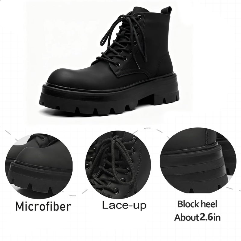 CrazySavage Men's Black Leather Lace-up Platform Combat Boots Wide Toe Side Zipper Chunky Heel Lug Sole Ankle Booties Comfort High Top Waterproof Biker Boots (Black,12) - Image 4