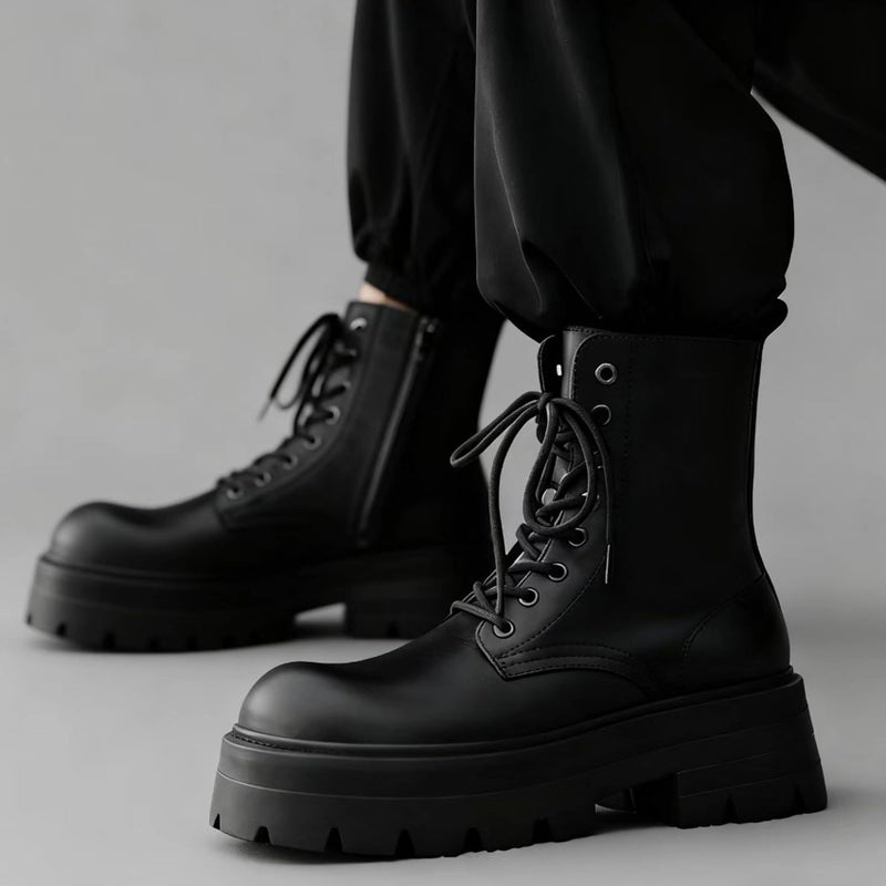 CrazySavage Men's Black Leather Lace-up Platform Combat Boots Wide Toe Side Zipper Chunky Heel Lug Sole Ankle Booties Comfort High Top Waterproof Biker Boots (Black,12) - Image 5