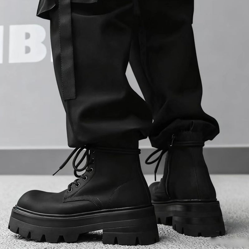 CrazySavage Men's Black Leather Lace-up Platform Combat Boots Wide Toe Side Zipper Chunky Heel Lug Sole Ankle Booties Comfort High Top Waterproof Biker Boots (Black,12) - Image 2