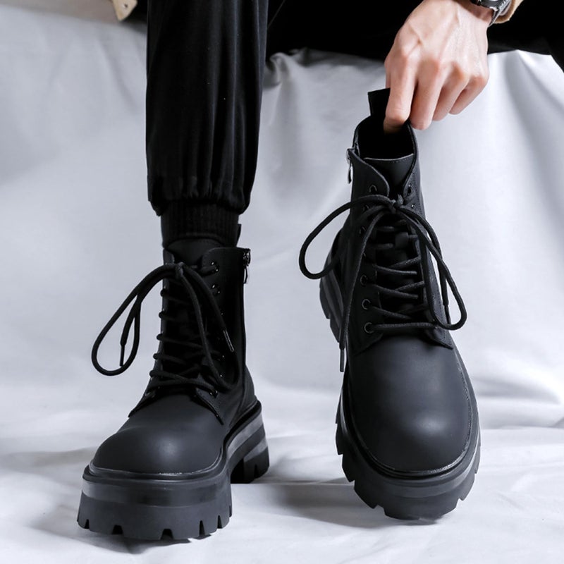 CrazySavage Men's Black Leather Lace-up Platform Combat Boots Wide Toe Side Zipper Chunky Heel Lug Sole Ankle Booties Comfort High Top Waterproof Biker Boots (Black,12) - Image 3