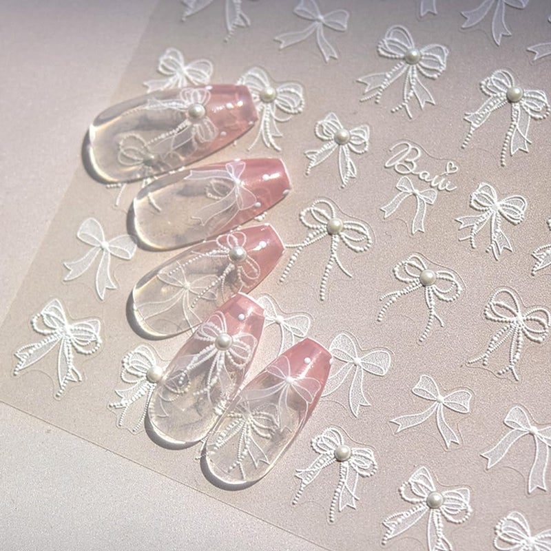 5D Embossed White Lace Bowknot Nail Art Stickers Pearl Bow Nail Stickers for Nail Art Supplies Retro Relief Bow Nail Decals Selfsdhsive Bow Stickers for Nails Ribbon Bows Nail Accessories for Women