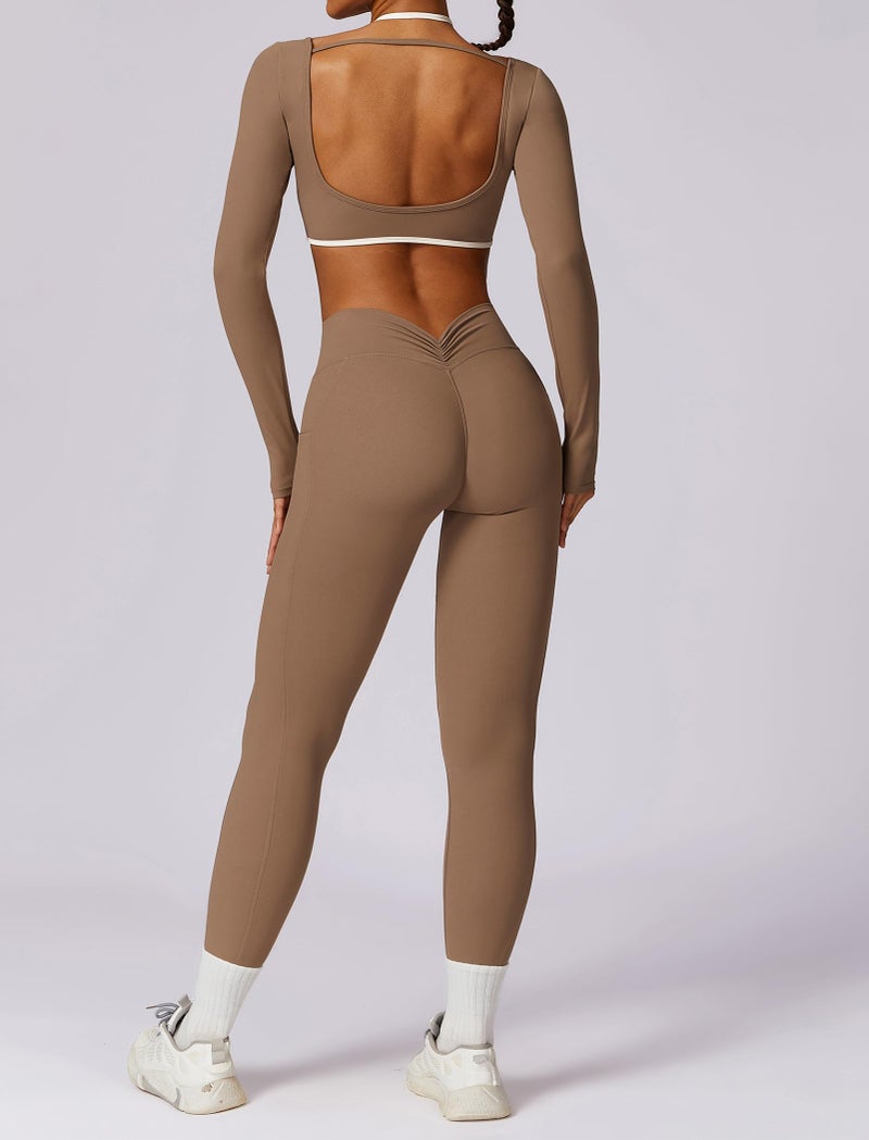 AGYMNX Workout Sets for Women 2 Piece Outfits Seamless High Waist Leggings Yoga Long Sleeve Crop Tops Athletic Gym Sets Brown M - Image 2