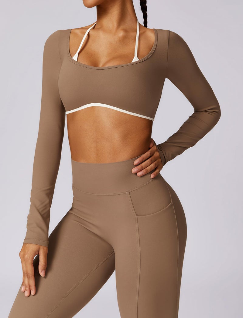AGYMNX Workout Sets for Women 2 Piece Outfits Seamless High Waist Leggings Yoga Long Sleeve Crop Tops Athletic Gym Sets Brown M - Image 5