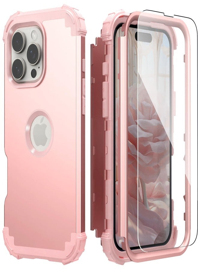 اي دي ويل جراب IDweel لهاتف iPhone 16 Pro Max مع واقي شاشة للنساء، 3 في 1 مقاوم للصدمات، نحيف، هجين، متين، مصنوع من البولي كربونات الصلب، مع واقي من السيليكون الناعم، جراب كامل للجسم مضاد لبصمات الأصابع، لون ذهبي وردي - Image 1