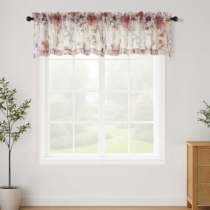 Lecloud Crushed Valances for Windows 14 Inch Length 2 Pcs, Printed Short Sheer Curtains Kitchen Valance, Rod Pocket Small Curtain Window Treatments for Bedroom Living Room Bathroom, 42" W x 14" L - Image 1