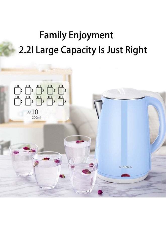 Stainless Steel Fast, Portable Electric Hot Water Kettle For Tea And Coffee, 2.2L Blue