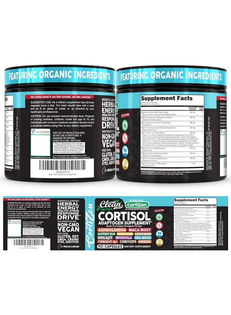كلين نيوتراسيوتيكالز مكملات الكورتيزول كلين نوترا للنساء | جذور ماكا اشواغاندا ومدير التخلص من السموم + الدردار الزلق والحلبة اليونانية والاسود والشيلاجيت والروديولا وطحلب البحر وتونغكات علي وكورديسيبس وجذور الشمندر - Image 2
