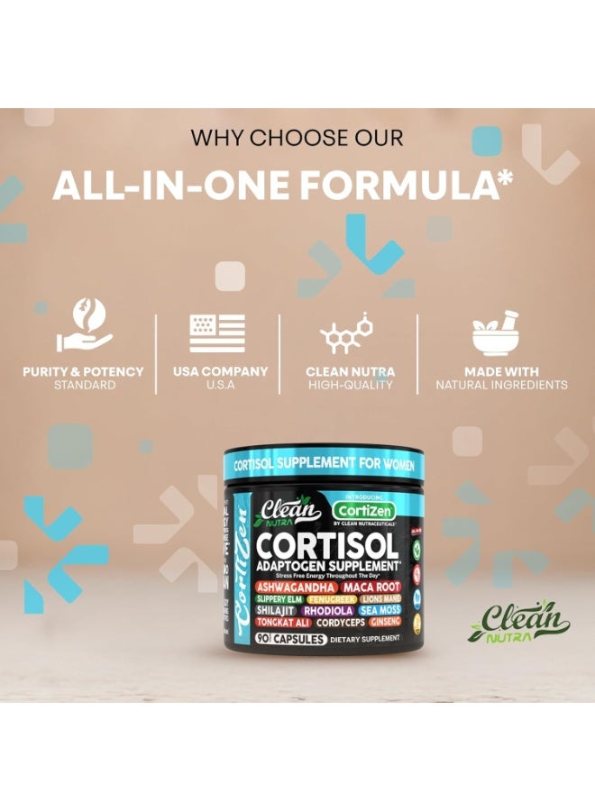 كلين نيوتراسيوتيكالز مكملات الكورتيزول كلين نوترا للنساء | جذور ماكا اشواغاندا ومدير التخلص من السموم + الدردار الزلق والحلبة اليونانية والاسود والشيلاجيت والروديولا وطحلب البحر وتونغكات علي وكورديسيبس وجذور الشمندر - Image 3