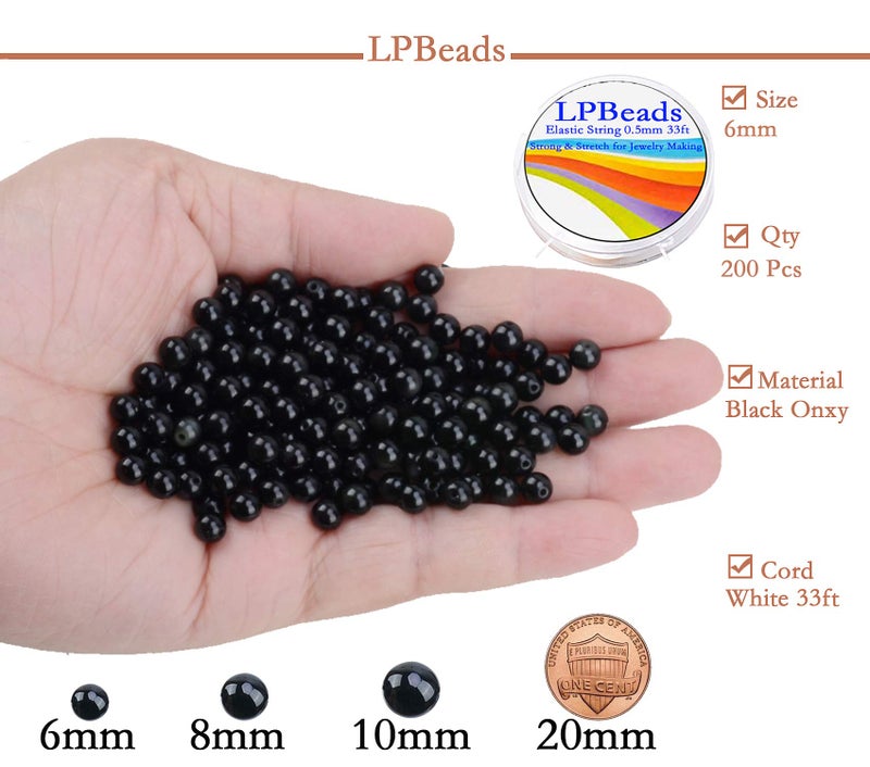 LPBeads 200Pcs Polished 6mm Round Natural Black Onxy Gemstone Loose Beads with Stretch Cord for Jewelry Making Bracelets - Image 2