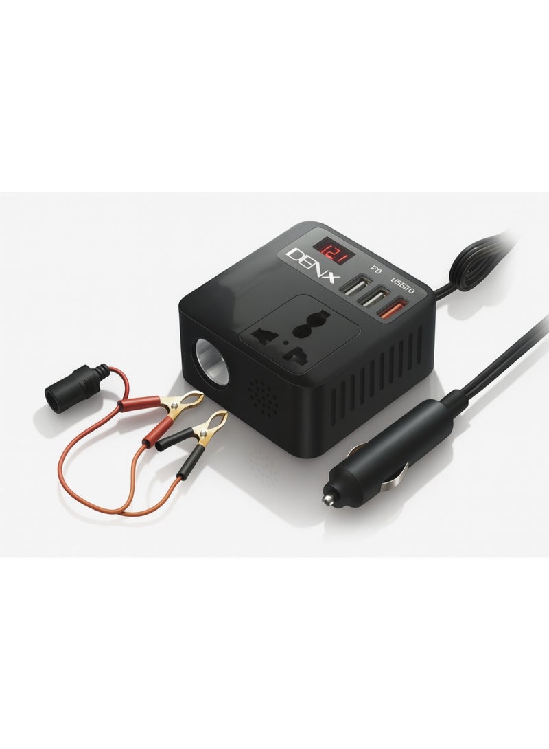 دينكس محول طاقة السيارة 100 وات مع مشبك بطارية السيارة، محول شاحن السيارة مع منفذين USB ومنفذ PD ومفتاح مدمج وشاشة عرض LED، مناسب للسيارات والشاحنات. - Image 1