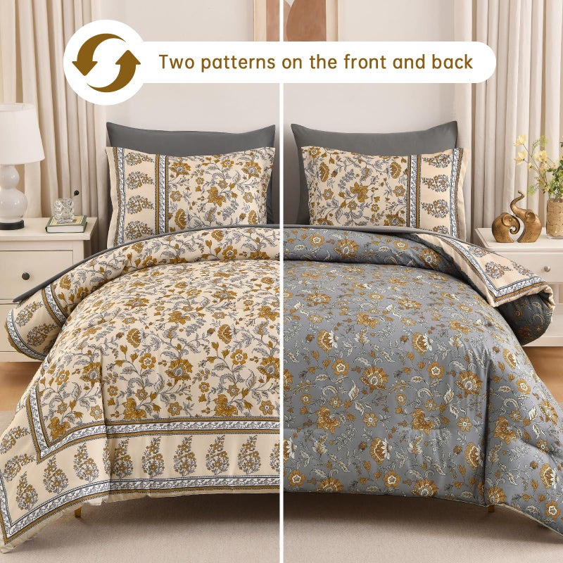 Dinjoy Boho Comforter Set Queen,Beige Brown Bedding Paisley Floral 7 Piece Bed in a Bag Reversible Lightweight Bohemain Comforters with Sheet Sets for All Season - Image 3