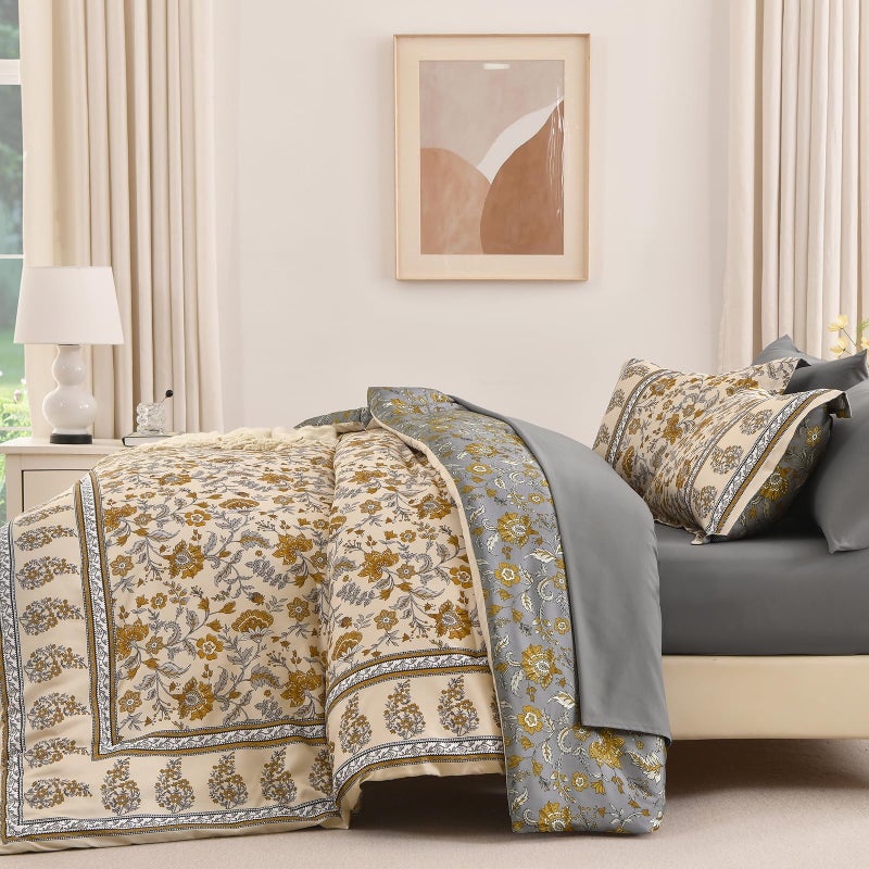 Dinjoy Boho Comforter Set Queen,Beige Brown Bedding Paisley Floral 7 Piece Bed in a Bag Reversible Lightweight Bohemain Comforters with Sheet Sets for All Season - Image 4