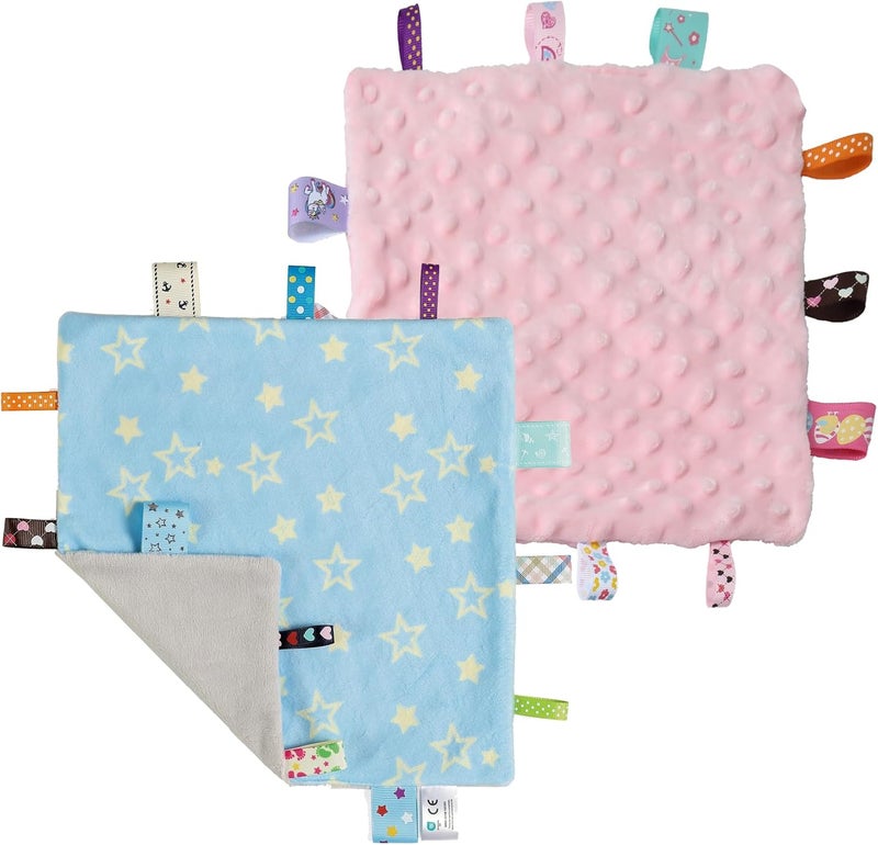 Tag Security Blankets for Babies, Soft Small Loveys for Boys, Baby Comforter Sensory Blanket, Great Gifts for Birthday Baby Shower - 10"X10" Blue Star + Pink