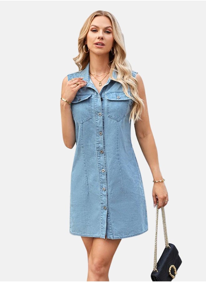 يونيكي - Blue Denim Casual Denim Dress - Image 1