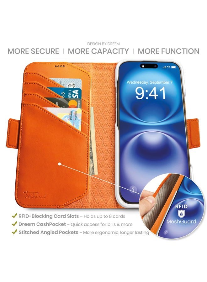 Dreem Fibonacci compatible with iPhone 16 wallet case / 2-in-1 shockproof case and detachable vegan leather folio, Compatible with MagSafe, RFID protection [Orange] - Image 2