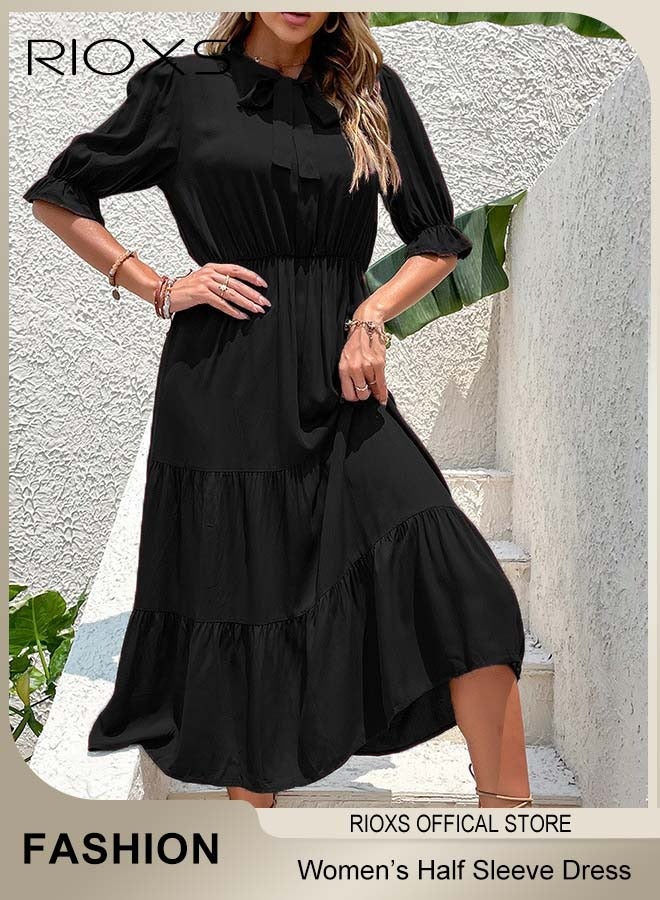 Women's Half Sleeve Bow Tie Long Dress, Summer A-line Elastic High Waist Dress for Ladies, Casual Loose Lantern Sleeve Dress with Tiered Hem, Solid Color Tiered Ankle Length Formal Dress for Holiday Party Beach Dating Wrk Daily Wear, Black