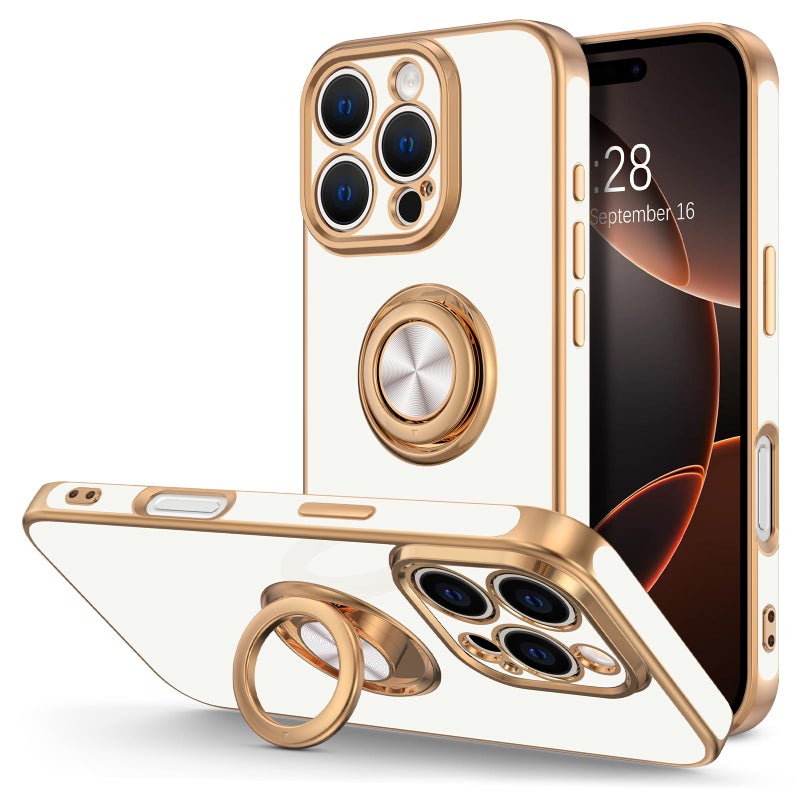 Hython for iPhone 16 Pro Case with Ring Stand, 360Â° Rotatable Ring Holder Magnetic Kickstand, Plating Rose Gold Edge Soft Cover Protective Phone Case for iPhone 16 Pro 6.3", White - Image 1