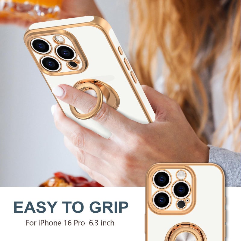 Hython for iPhone 16 Pro Case with Ring Stand, 360Â° Rotatable Ring Holder Magnetic Kickstand, Plating Rose Gold Edge Soft Cover Protective Phone Case for iPhone 16 Pro 6.3", White - Image 2