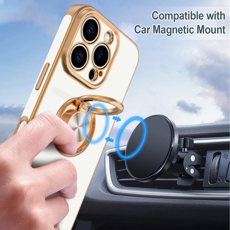 Hython for iPhone 16 Pro Case with Ring Stand, 360Â° Rotatable Ring Holder Magnetic Kickstand, Plating Rose Gold Edge Soft Cover Protective Phone Case for iPhone 16 Pro 6.3", White - Image 5