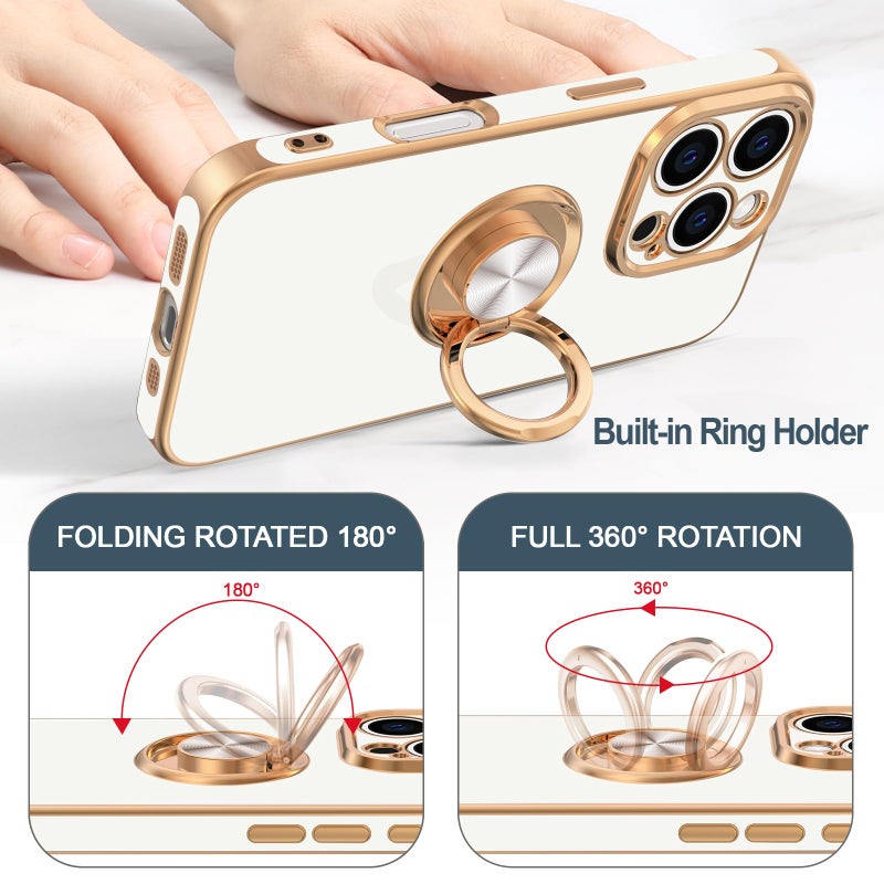Hython for iPhone 16 Pro Case with Ring Stand, 360Â° Rotatable Ring Holder Magnetic Kickstand, Plating Rose Gold Edge Soft Cover Protective Phone Case for iPhone 16 Pro 6.3", White - Image 4